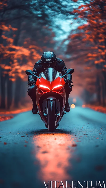 Motorcyclist on sport bike in autumn forest roadway scene.