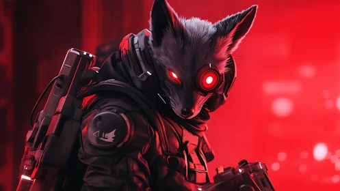 Cybernetic fox operative with tactical gear in red haze