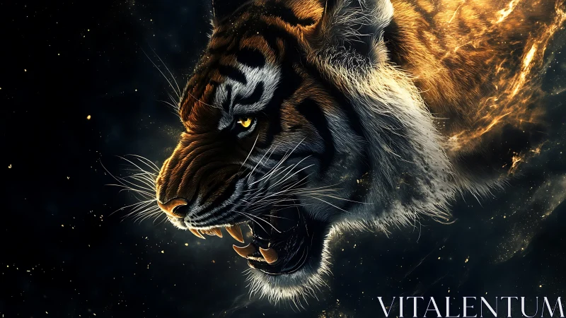 Tiger head erupts through cosmic embers in blazing profile