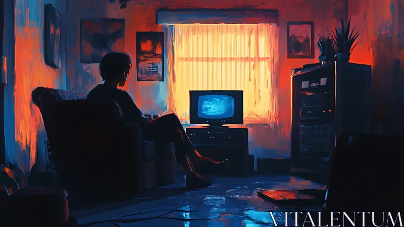 Silhouetted figure watches static television in dim interior