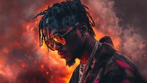 Digital rap portrait against blazing inferno sky.