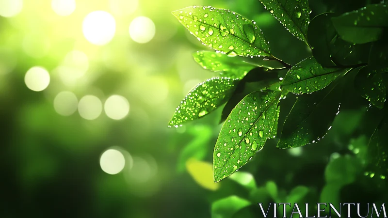 Sunlit green leaves with water droplets in soft focus