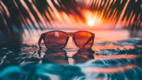 Red sunglasses floating on tropical water at sunset.