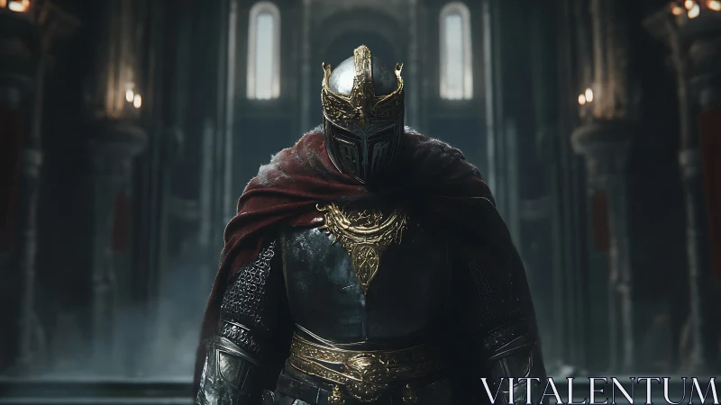 Armored knight stands in dim cathedral interior under haze