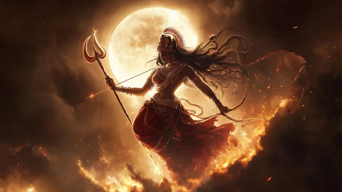 Warrior goddess silhouette against blazing lunar halo.