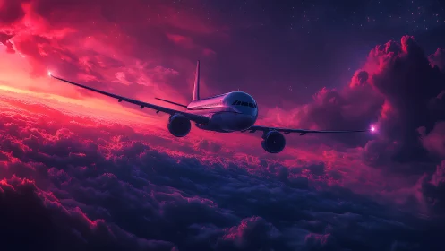 Widebody jetliner traversing magenta storm-tinted cloud deck.