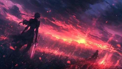 Backlit duelists in incendiary dusk-sky battlefield tableau.