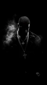 Moody monochrome portrait with smoke and diamond chains.