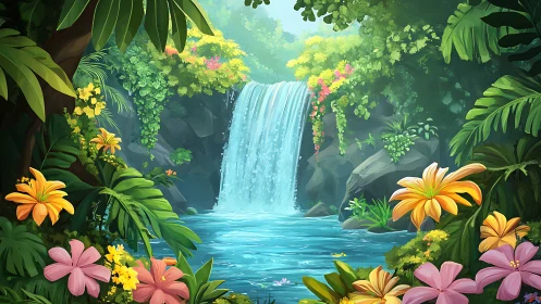 Tropical waterfall pool amid dense foliage and flowers.