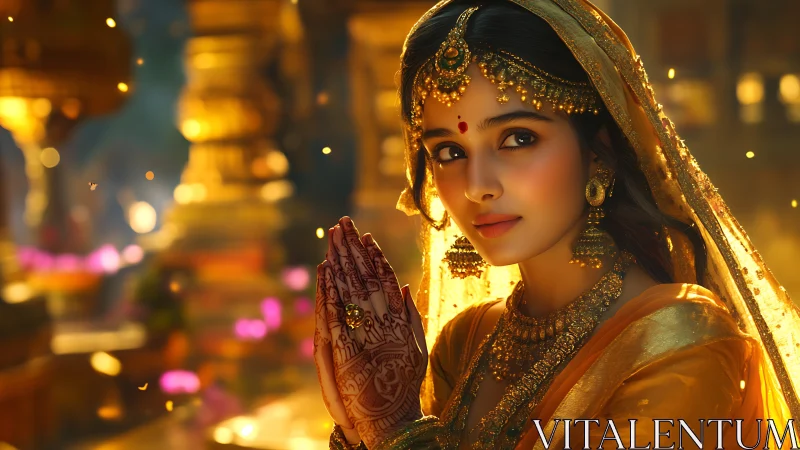 Woman in traditional attire with folded hands in temple.