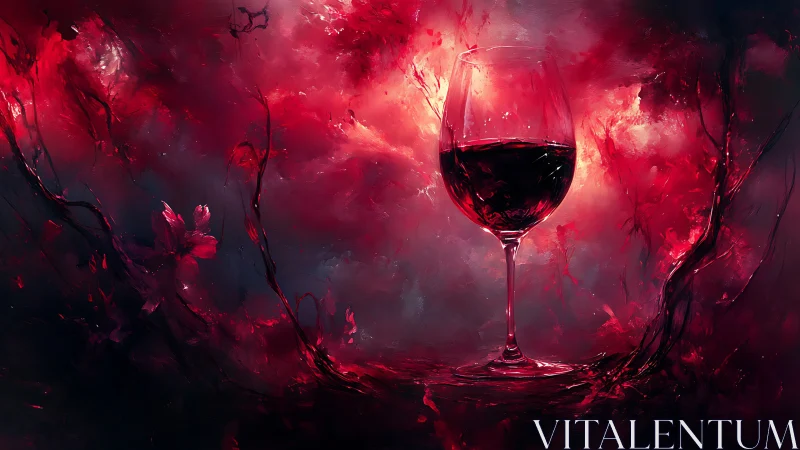 Crystal wine glass in abstract crimson nebula oil painting