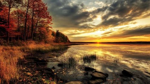 Photorealistic autumn lakeside sunset with reflective shoreline.