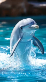 Sunlit dolphin skims the turquoise surface in mid-leap