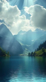 Sunlit mountain lake cradled in luminous alpine embrace.