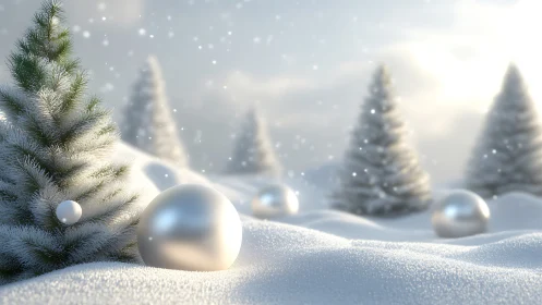 Snowy fir trees with silver ornaments in winter landscape.