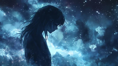 Silhouetted figure in blue starfield with diffuse nebula clouds.