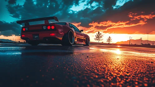 Turbocharged sunset chaser leans low against the burning sky
