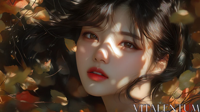 Female face amid autumn foliage with dappled sunlight.