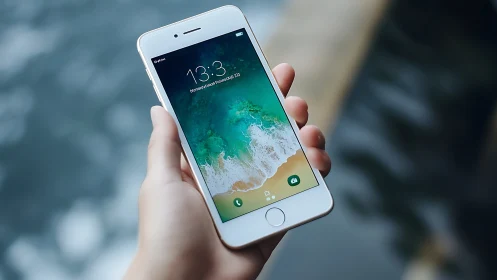 White iPhone displaying lock screen with ocean beach wallpaper.