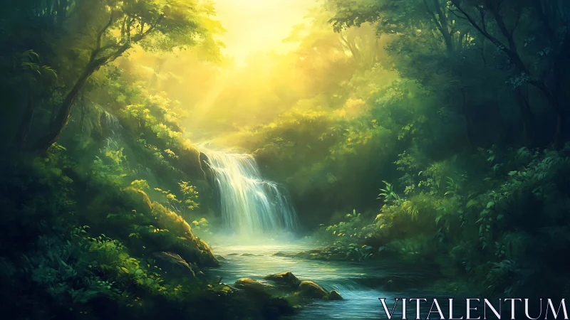 Luminous Cascade Through Ancient Forest Sanctuary.