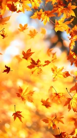 Golden maple leaves drift through glowing autumn light