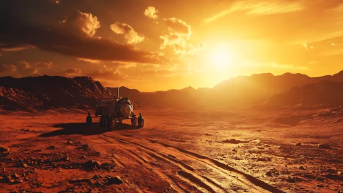 Mars rover pauses beneath blazing golden alien sunset.