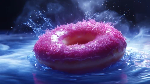 Pink frosted donut splashing in vivid blue water scene.