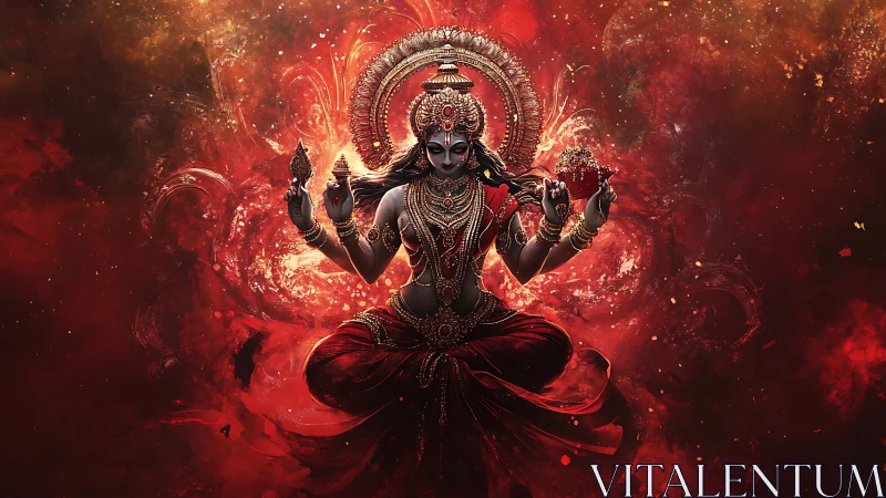 Fiery goddess figure glows in swirling red cosmic light