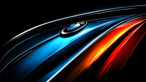 BMW logo closeup with dynamic blue and red light streaks.
