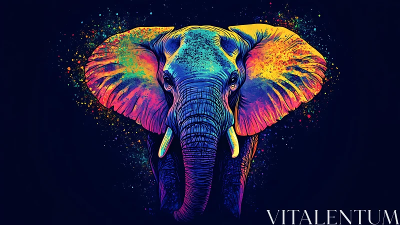 Neon storm elephant strides through cosmic color splashes.