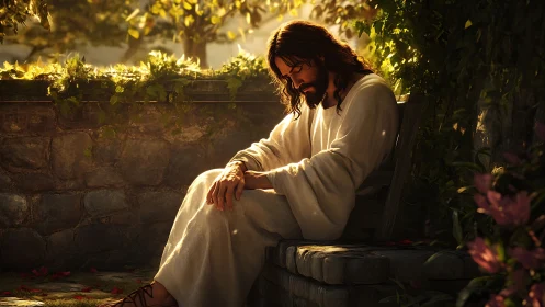 Seated robed figure in garden environment under directional light