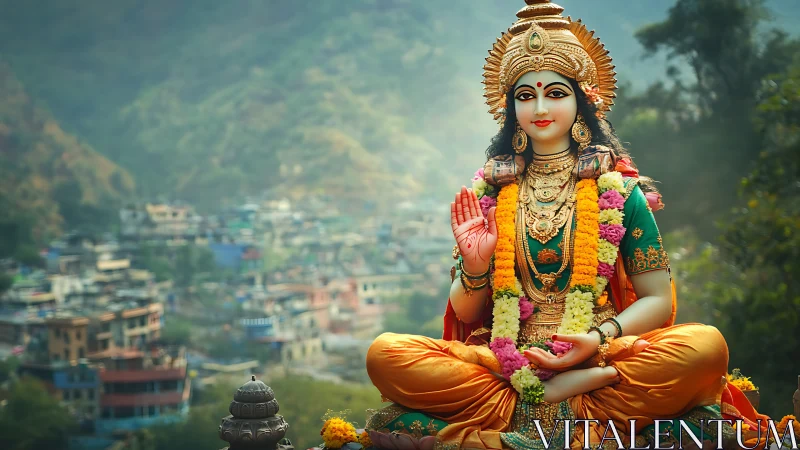Colorful Hindu goddess statue above misty hillside town.