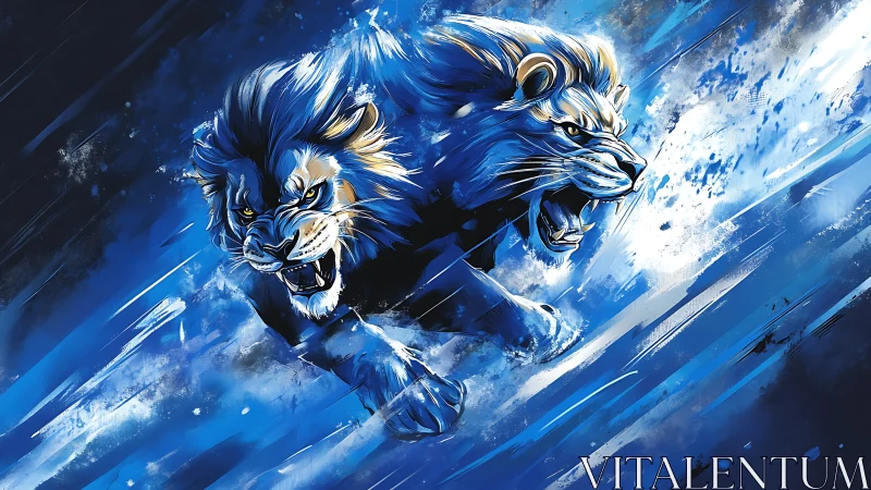 Twin blue lions racing through a storm of wild energy.