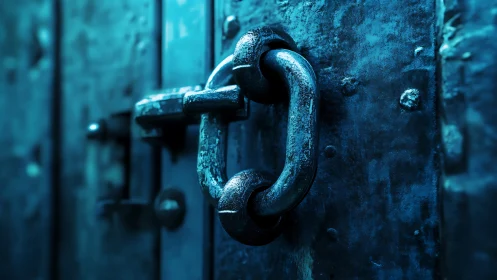 Macro close-up of weathered steel ring latch on blue door