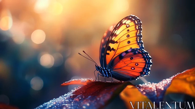 Butterfly rests on dewy leaf in shallow depth of field view