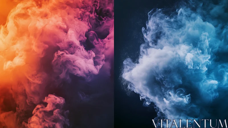 Dual colored smoke clouds collide in vibrant contrast.