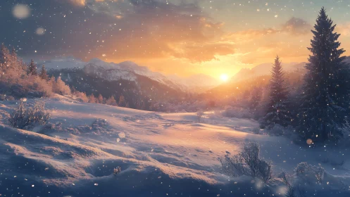 Sunlit alpine snowfield with volumetric lighting and drifting snow