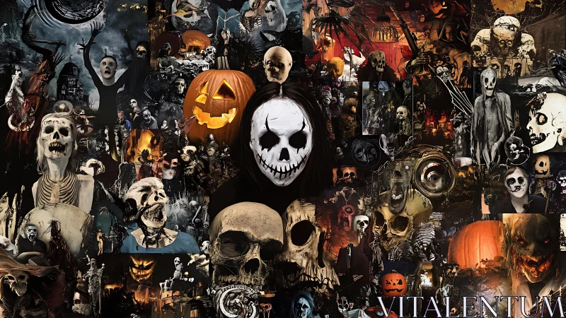 Intense collage of skulls, pumpkins and horror figures.