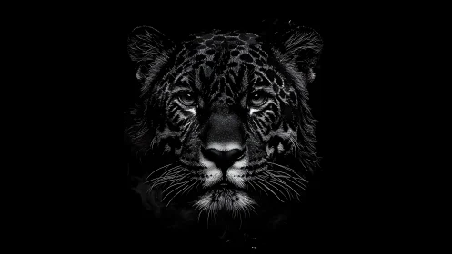 Calm black panther portrait glowing softly in the dark.