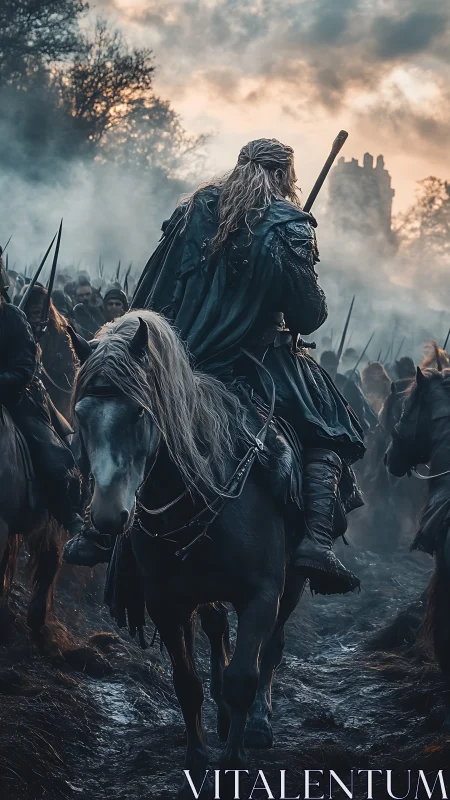 Warrior on horseback leading medieval army through mist.