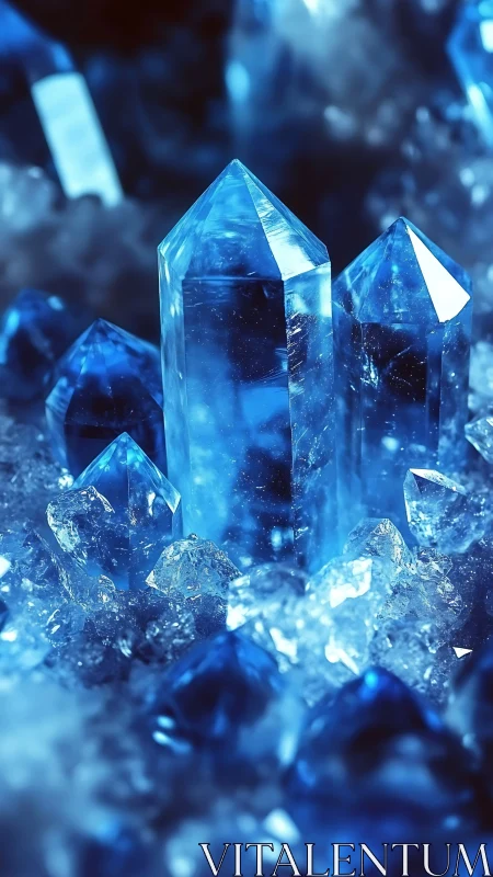 Azure crystal cluster rendered with luminous depth and refraction.