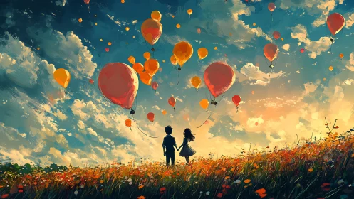 Atmospheric digital vista of children beneath drifting balloons.