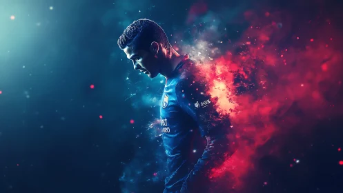 Starlit football warrior dissolving into cosmic embers.