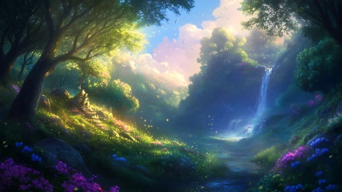 Enchanted Forest Waterfall Valley at Dusk