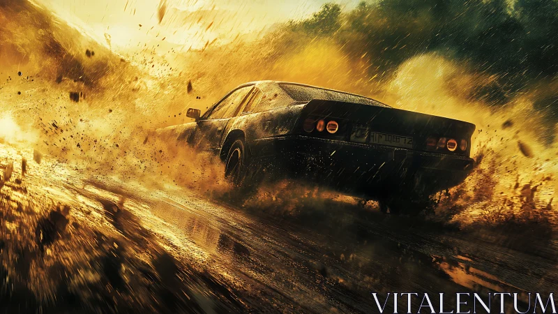 Roaring sports car slices through golden stormy dirt