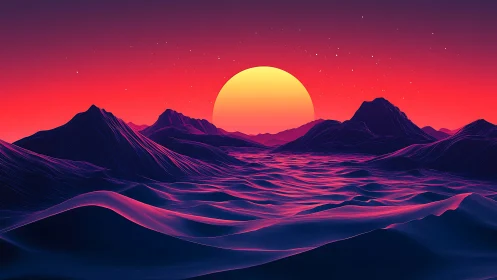 Neon gradient sunset over stylized low-poly sci fi dunes