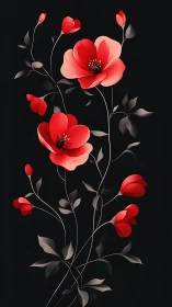 Red Flowers Against Black Background.