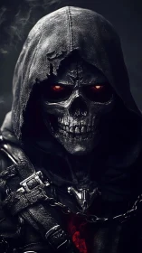 Hooded bone warden smiles through embers of midnight