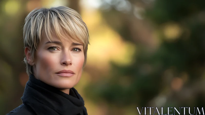 Confident woman with short blonde hair in natural outdoor portrait.