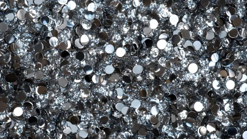 Shiny Silver Confetti Texture with Reflective Metallic Circles.